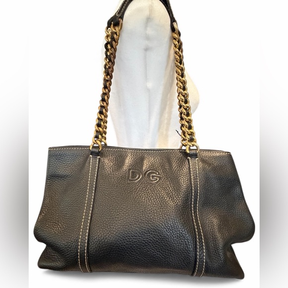 Dolce & Gabbana Black Leather Pebbled Tote with Chain Straps